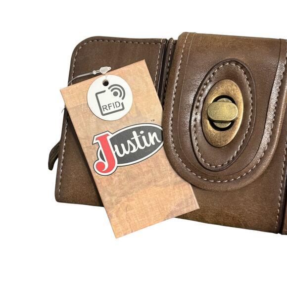 NWT! Justin Burnished Brown Twist Lock RFID Secured Long Wallet - Picture 4 of 6